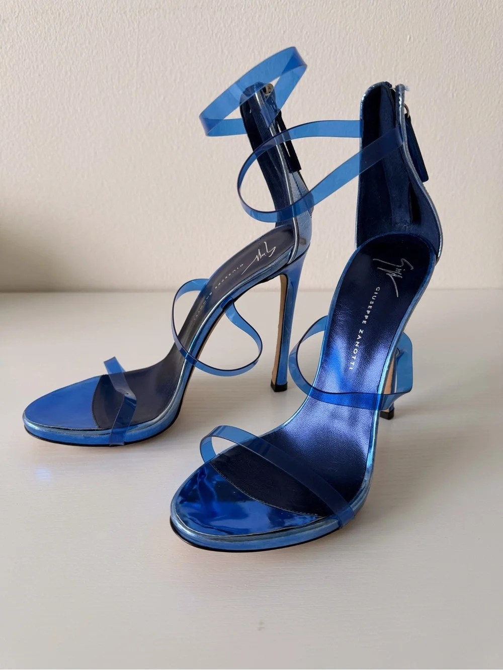 Giuseppe Zanotti Metallic Blue Clear-Strap Stiletto Sandals Size 38